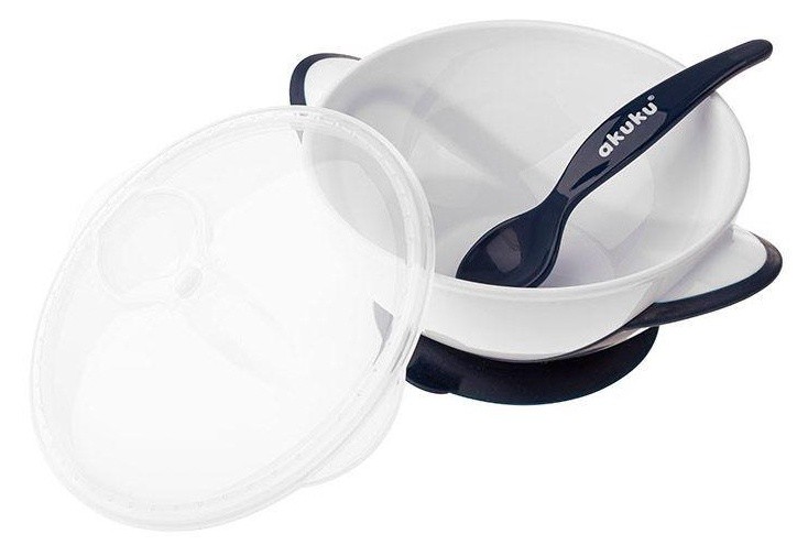 Набор мисочка с ложкой и крышкой Akuku A0503 White/Blue