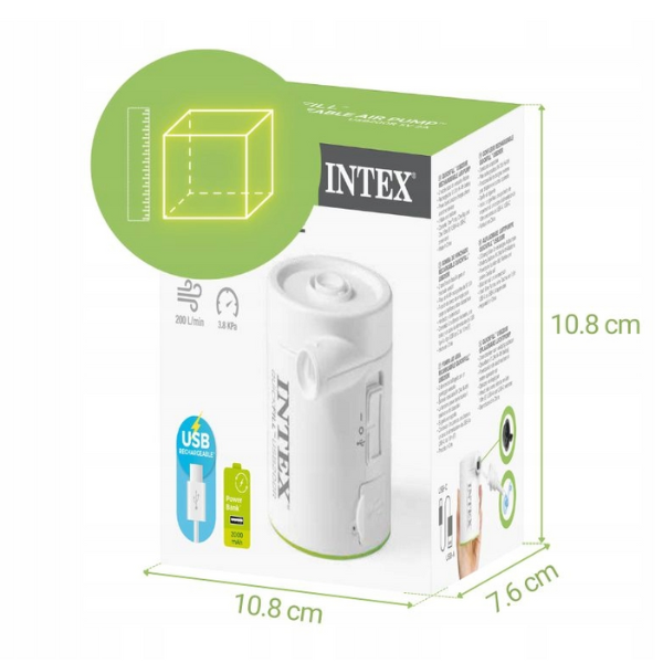 INTEX Насос электрический «QuickFill USB200R» USB 5В, 2А, перезаряжаемый, пауэрбанк, 2 насадки