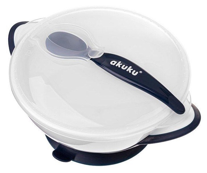Набор мисочка с ложкой и крышкой Akuku A0503 White/Blue